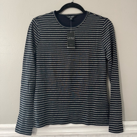 Lauren Ralph Lauren Tops - Lauren Ralph Lauren Black Label Navy Metallic Gold Striped Top Size PM/M NWT